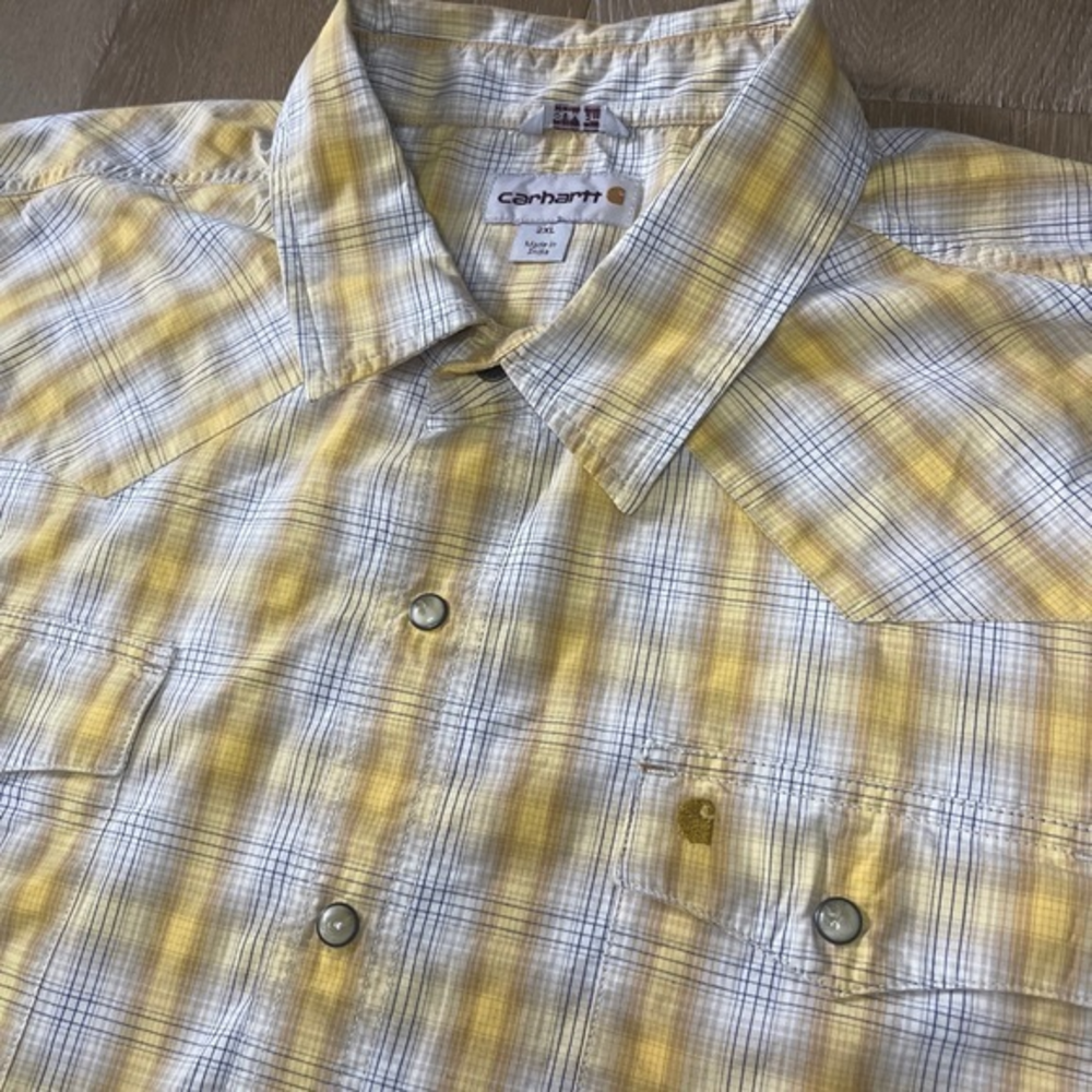 Carhartt Men’s XXL Yellow Plaid Cotton Logo Short Sleeve Button‎ Down Shirt